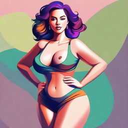 A digital art image of a young woman with fair skin and a voluptuous figure, dressed in a stylish top and no skirt