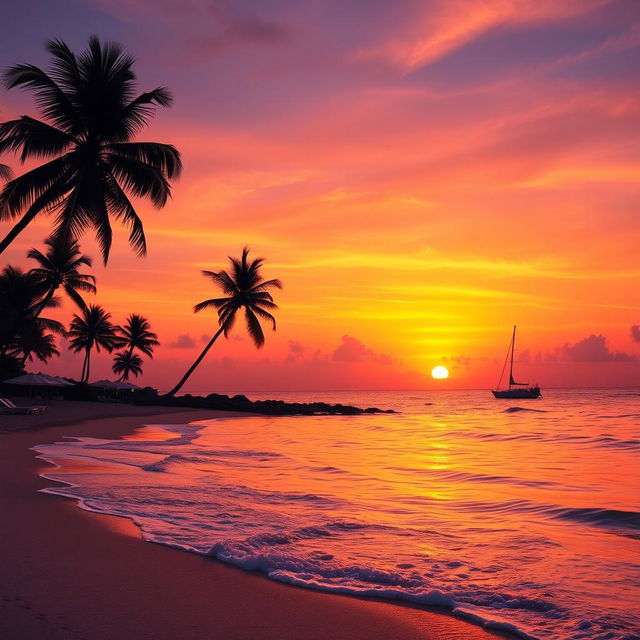 A vibrant sunset over a serene beach, with waves gently lapping at the shore