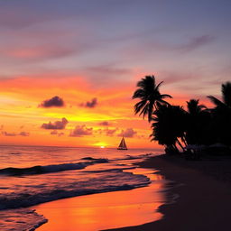 A vibrant sunset over a serene beach, with waves gently lapping at the shore