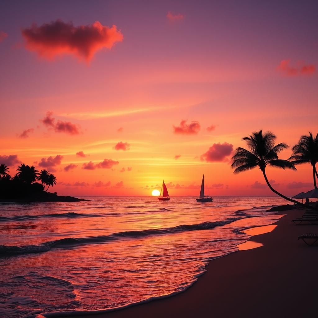 A vibrant sunset over a serene beach, with waves gently lapping at the shore