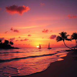 A vibrant sunset over a serene beach, with waves gently lapping at the shore