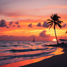 A vibrant sunset over a serene beach, with waves gently lapping at the shore