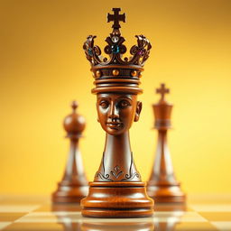 A beautifully designed chess piece, specifically a king, adorned with an intricate, royal crown on top