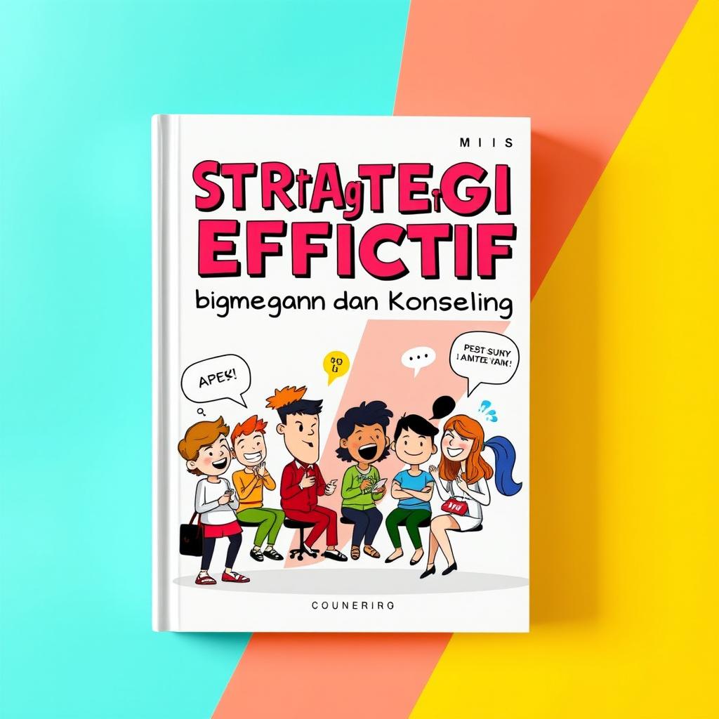 A vibrant and humorous book cover design for the title 'Strategi Efektif dalam Manajemen Bimbingan dan Konseling'