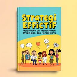 A vibrant and humorous book cover design for the title 'Strategi Efektif dalam Manajemen Bimbingan dan Konseling'