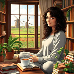 A young Iranian woman named Hasti with beautiful curly hair, studying Cellular and Molecular Biology, surrounded by classic literature books and a steaming cup of coffee