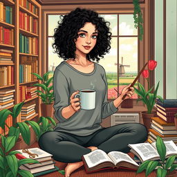 A young Iranian woman named Hasti with beautiful curly hair, studying Cellular and Molecular Biology, surrounded by classic literature books and a steaming cup of coffee