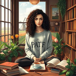 A young Iranian woman named Hasti with beautiful curly hair, studying Cellular and Molecular Biology, surrounded by classic literature books and a steaming cup of coffee