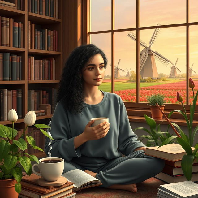 A young Iranian woman named Hasti with beautiful curly hair, studying Cellular and Molecular Biology, surrounded by classic literature books and a steaming cup of coffee