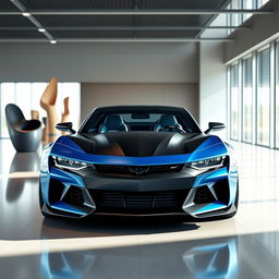 A futuristic automotive design showroom featuring a 2026 concept car that combines elements of a Camaro and a Dodge Charger Daytona