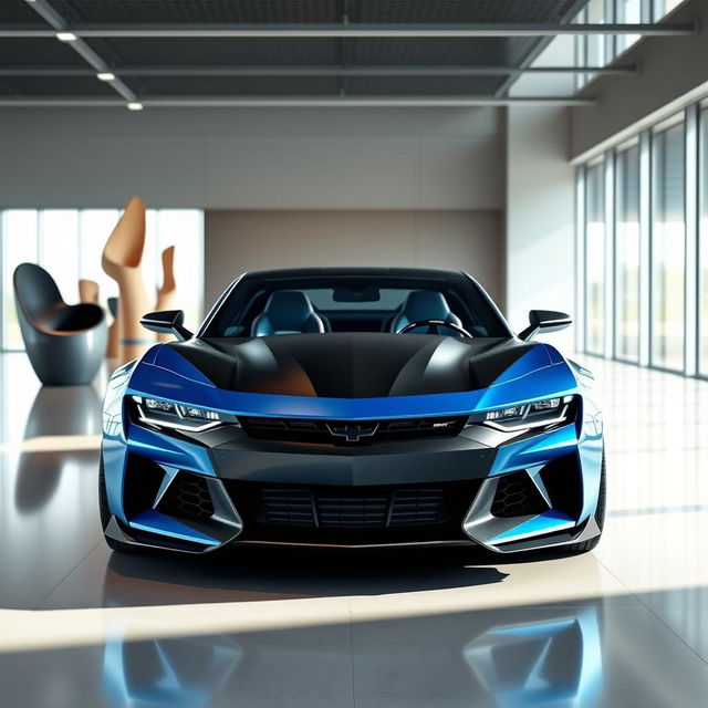 A futuristic automotive design showroom featuring a 2026 concept car that combines elements of a Camaro and a Dodge Charger Daytona