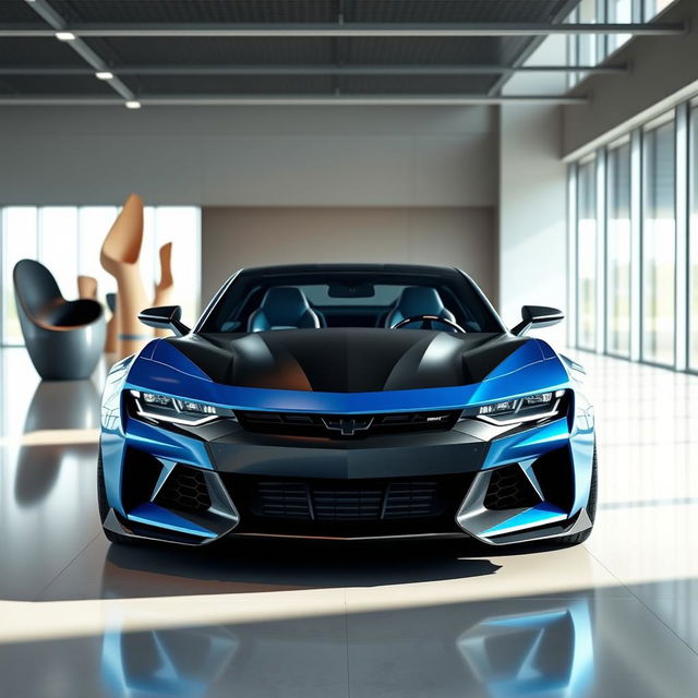 A futuristic automotive design showroom featuring a 2026 concept car that combines elements of a Camaro and a Dodge Charger Daytona