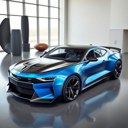 A futuristic automotive design showroom featuring a 2026 concept car that combines elements of a Camaro and a Dodge Charger Daytona