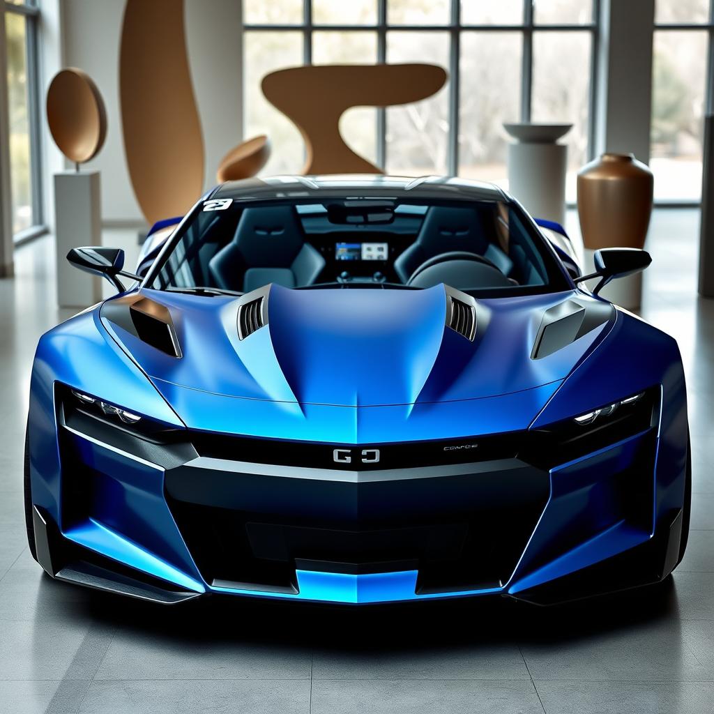 A futuristic automotive design showroom featuring a 2026 concept car that combines elements of a Camaro and a Dodge Charger Daytona