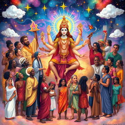 A vibrant illustration depicting various humans from different cultures and backgrounds each interpreting and imagining a deity in their unique way