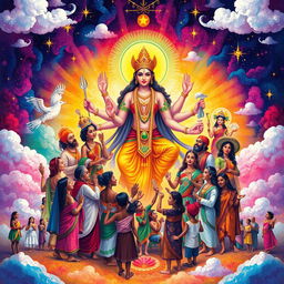 A vibrant illustration depicting various humans from different cultures and backgrounds each interpreting and imagining a deity in their unique way