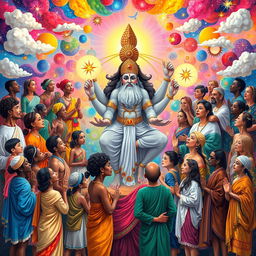 A vibrant illustration depicting various humans from different cultures and backgrounds each interpreting and imagining a deity in their unique way