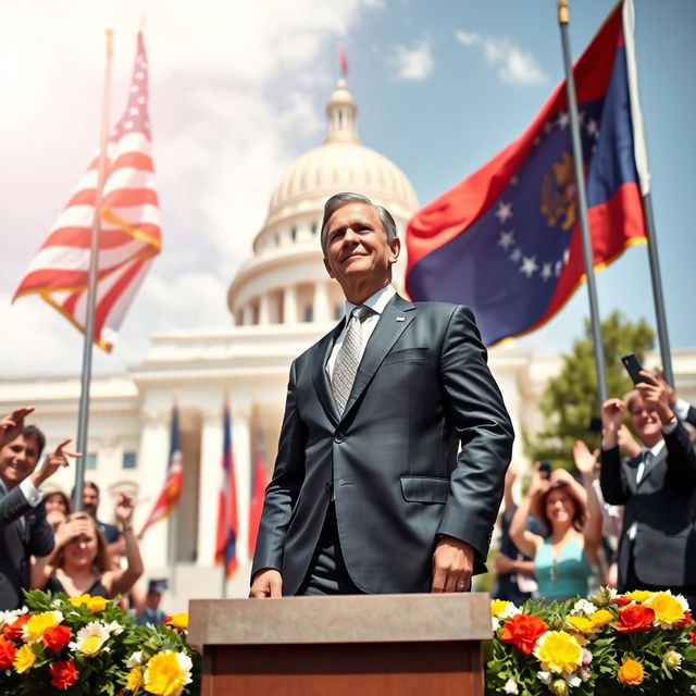 A visually striking image of a presidential figure standing confidently, surrounded by national symbols and a backdrop of a grand governmental building