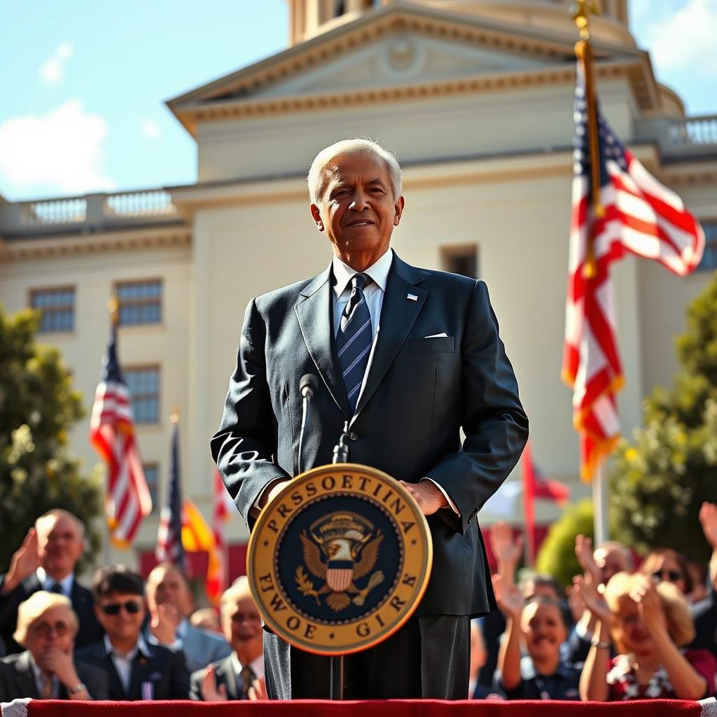 A visually striking image of a presidential figure standing confidently, surrounded by national symbols and a backdrop of a grand governmental building