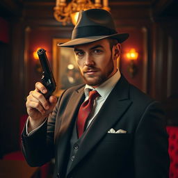 A gentleman dressed in classic, elegant attire, featuring a tailored suit and a stylish fedora, confidently holding a vintage revolver in a sophisticated manner