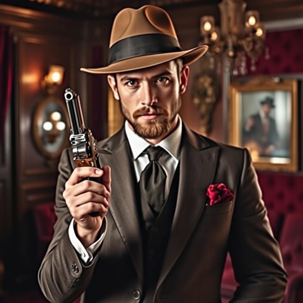 A gentleman dressed in classic, elegant attire, featuring a tailored suit and a stylish fedora, confidently holding a vintage revolver in a sophisticated manner