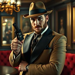 A gentleman dressed in classic, elegant attire, featuring a tailored suit and a stylish fedora, confidently holding a vintage revolver in a sophisticated manner
