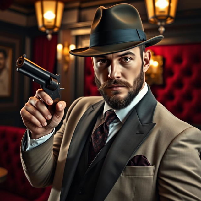 A gentleman dressed in classic, elegant attire, featuring a tailored suit and a stylish fedora, confidently holding a vintage revolver in a sophisticated manner