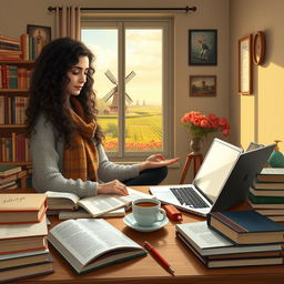A young Iranian woman named Hasti with beautiful curly hair, studying Cellular and Molecular Biology, depicted as a diligent student surrounded by classic literature books, scientific texts, and a steaming cup of coffee