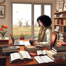 A young Iranian woman named Hasti with beautiful curly hair, studying Cellular and Molecular Biology, depicted as a diligent student surrounded by classic literature books, scientific texts, and a steaming cup of coffee