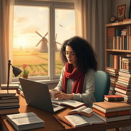 A young Iranian woman named Hasti with beautiful curly hair, studying Cellular and Molecular Biology, depicted as a diligent student surrounded by classic literature books, scientific texts, and a steaming cup of coffee