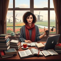A young Iranian woman named Hasti with beautiful curly hair, studying Cellular and Molecular Biology, depicted as a diligent student surrounded by classic literature books, scientific texts, and a steaming cup of coffee