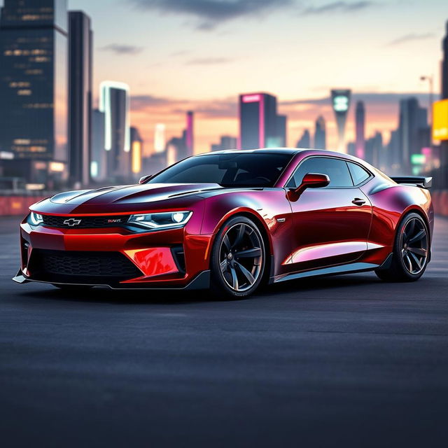 A futuristic concept car design featuring a blend of a 2026 Camaro and a Dodge Charger Daytona, showcasing sleek lines and aggressive styling