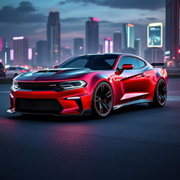 A futuristic concept car design featuring a blend of a 2026 Camaro and a Dodge Charger Daytona, showcasing sleek lines and aggressive styling