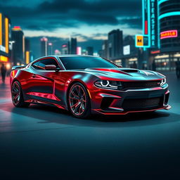 A futuristic concept car design featuring a blend of a 2026 Camaro and a Dodge Charger Daytona, showcasing sleek lines and aggressive styling
