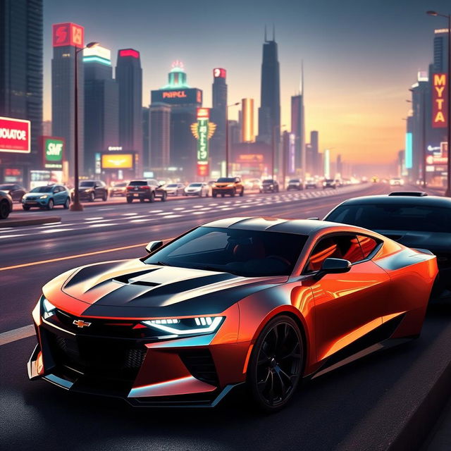 A futuristic concept image featuring a 2026 Camaro and a Dodge Charger Daytona parked side by side