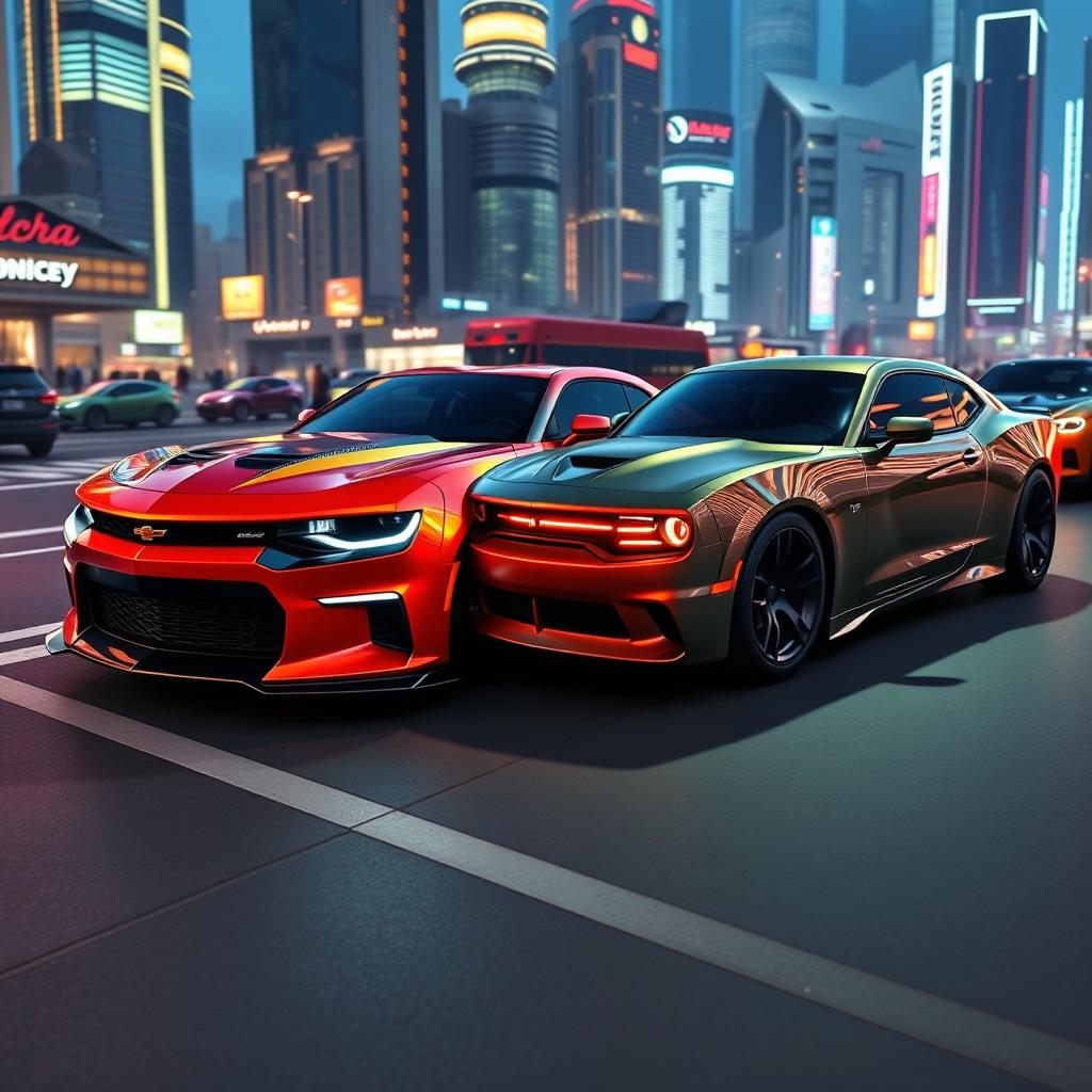 A futuristic concept image featuring a 2026 Camaro and a Dodge Charger Daytona parked side by side