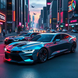 A futuristic concept image featuring a 2026 Camaro and a Dodge Charger Daytona parked side by side