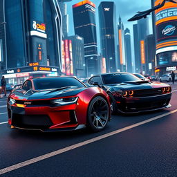 A futuristic concept image featuring a 2026 Camaro and a Dodge Charger Daytona parked side by side