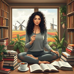 A young Iranian woman named Hasti with beautiful curly hair, studying Biology with specialization in Cellular and Molecular Biology, surrounded by classic literature books and a steaming cup of coffee