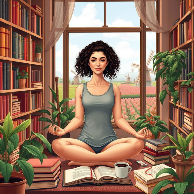 A young Iranian woman named Hasti with beautiful curly hair, studying Biology with specialization in Cellular and Molecular Biology, surrounded by classic literature books and a steaming cup of coffee