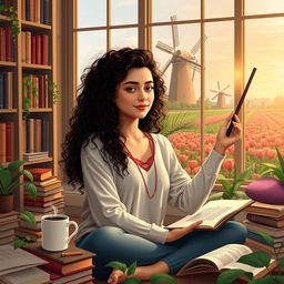 A young Iranian woman named Hasti with beautiful curly hair, studying Biology with specialization in Cellular and Molecular Biology, surrounded by classic literature books and a steaming cup of coffee