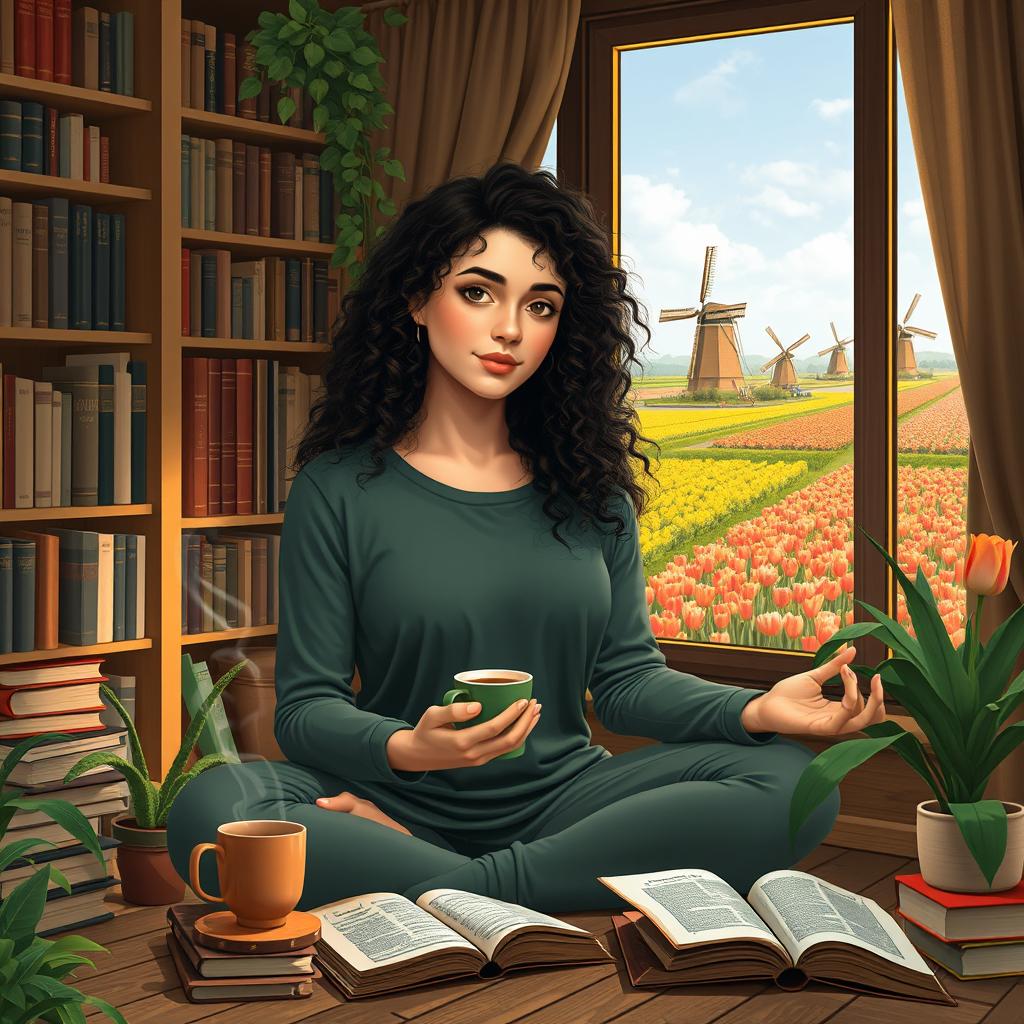 A young Iranian woman named Hasti with beautiful curly hair, studying Biology with specialization in Cellular and Molecular Biology, surrounded by classic literature books and a steaming cup of coffee