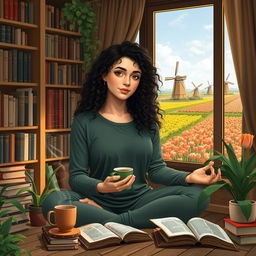 A young Iranian woman named Hasti with beautiful curly hair, studying Biology with specialization in Cellular and Molecular Biology, surrounded by classic literature books and a steaming cup of coffee