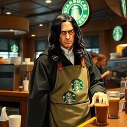 Severus Snape, the iconic character from Harry Potter, depicted as a barista at Starbucks