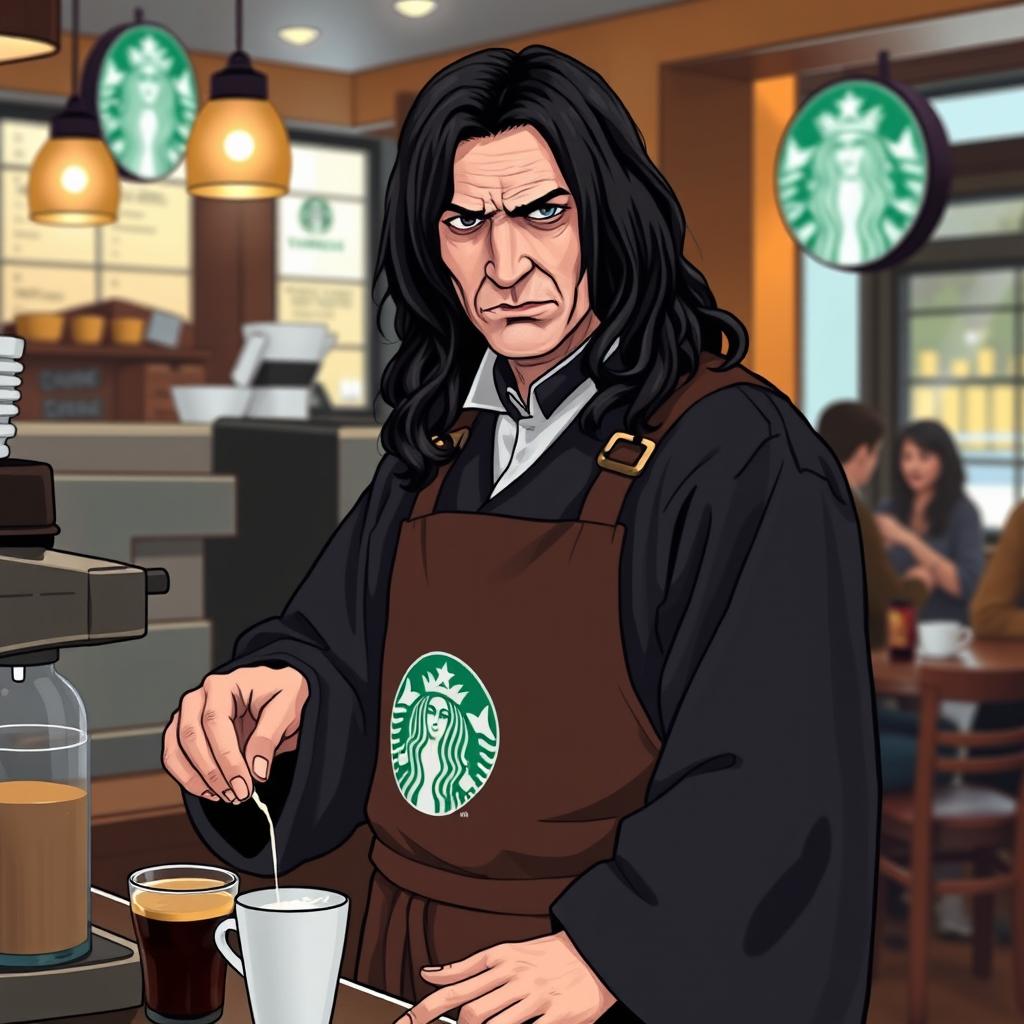 Severus Snape, the iconic character from Harry Potter, depicted as a barista at Starbucks