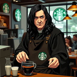 Severus Snape, the iconic character from Harry Potter, depicted as a barista at Starbucks