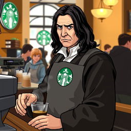 Severus Snape, the iconic character from Harry Potter, depicted as a barista at Starbucks