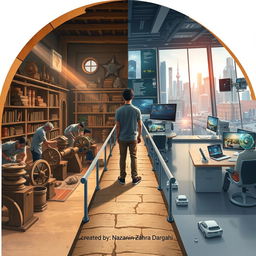 On the left side of the image, depict the ancient world featuring a traditional workshop with handcrafted tools