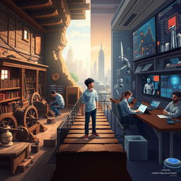 On the left side of the image, depict the ancient world featuring a traditional workshop with handcrafted tools