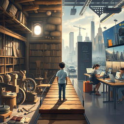 On the left side of the image, depict the ancient world featuring a traditional workshop with handcrafted tools